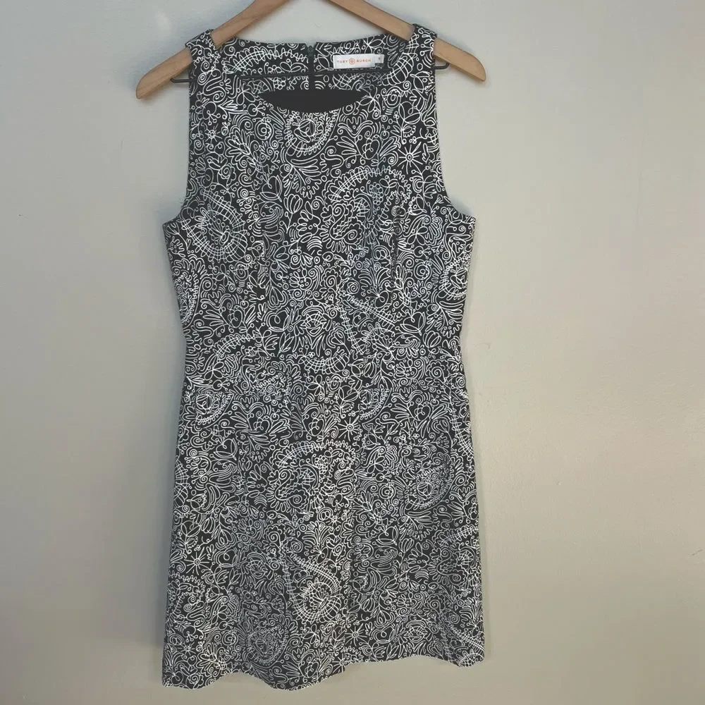 Tory Burch Paisley Doodle Print Sheath A-line Black and White Dress Size 10